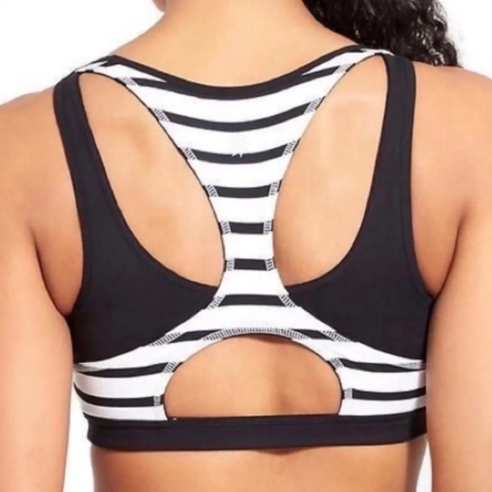 Athleta Triple Dare Black and White Striped Racerback Sports Bra Size Small